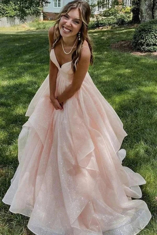 Romantic A-Line V-Neck Spaghetti-Strap Lace-Up Back Tiered Glitter-Tulle Maxi Prom Dress