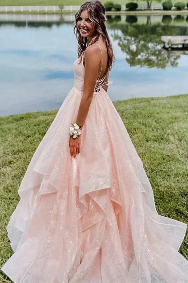 Romantic A-Line V-Neck Spaghetti-Strap Lace-Up Back Tiered Glitter-Tulle Maxi Prom Dress