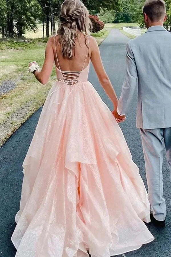 Romantic A-Line V-Neck Spaghetti-Strap Lace-Up Back Tiered Glitter-Tulle Maxi Prom Dress