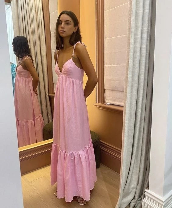 Romantic A-Line V-Neck Spaghetti-Strap Open Back Tiered Ruffle Cotton Evening Dress