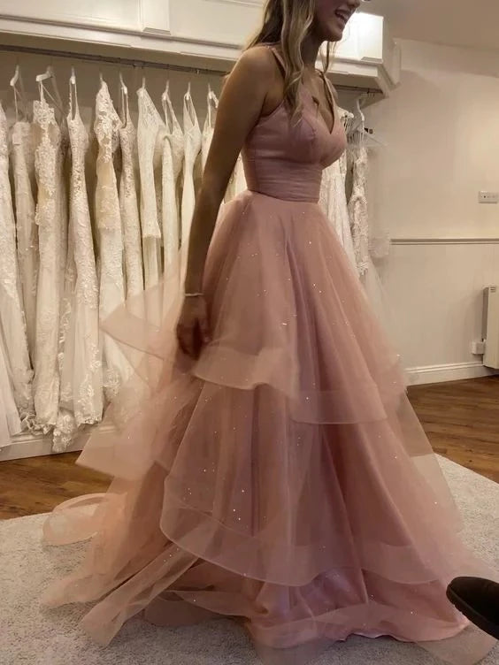 Romantic A-Line V-Neck Spaghetti-Strap Open Back Tiered Sequin Tulle Evening Dress