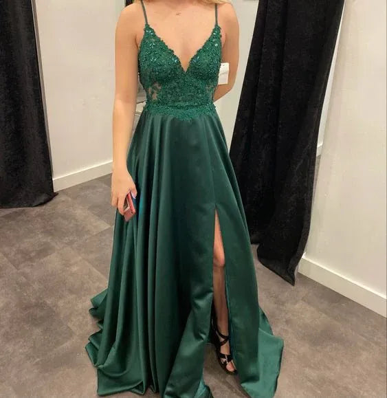 Romantic A-Line V-Neck Spaghetti Strap Plain Back Floor Length Formal Evening Dress
