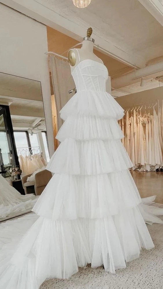 Romantic Ball-Gown Square Neck Spaghetti-Strap Open Back Tiered Tulle Train Evening Dress