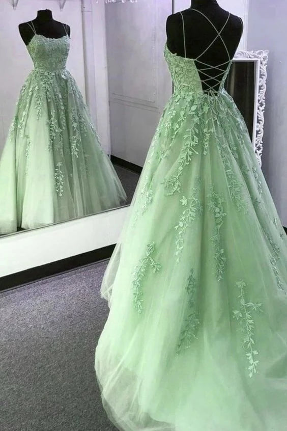 Romantic Ball-Gown Sweetheart Neck Spaghetti-Strap Lace-Up Back Floral Lace Tulle Train Evening Dress
