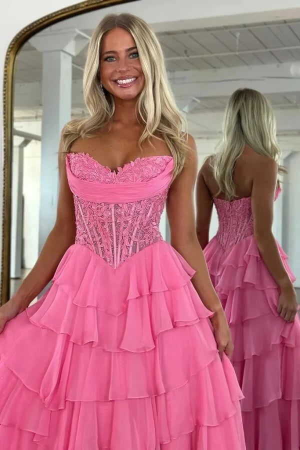 Romantic Ball Gown Sweetheart Neck Strapless Corset Back Tiered Chiffon Prom Dress