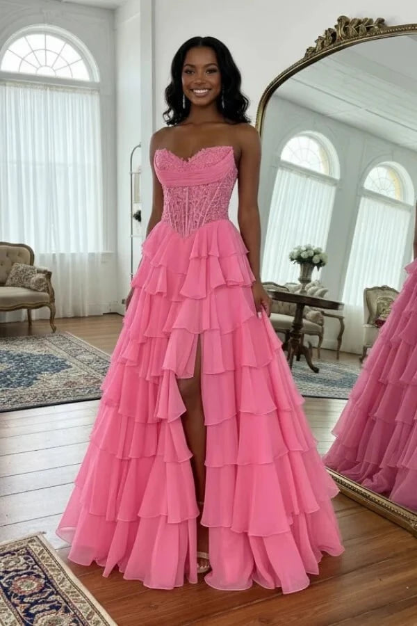 Romantic Ball Gown Sweetheart Neck Strapless Corset Back Tiered Chiffon Prom Dress