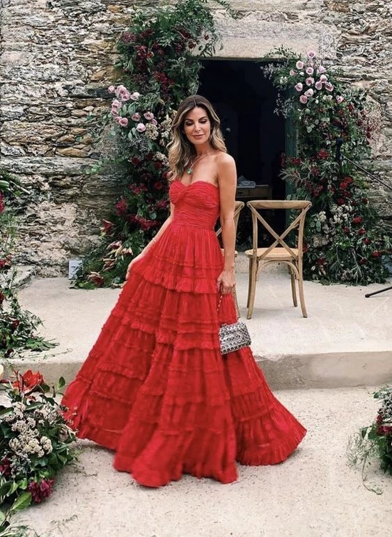 Romantic Ball Gown Sweetheart Neck Strapless Open Back Tiered Floor Length Evening Dress