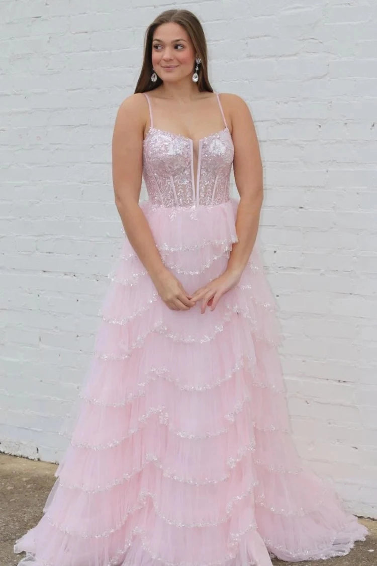 Romantic Ball-Gown Sweetheart Spaghetti-Strap Lace-Up-Back Ruffled-Hem Floor-Length Evening Dress