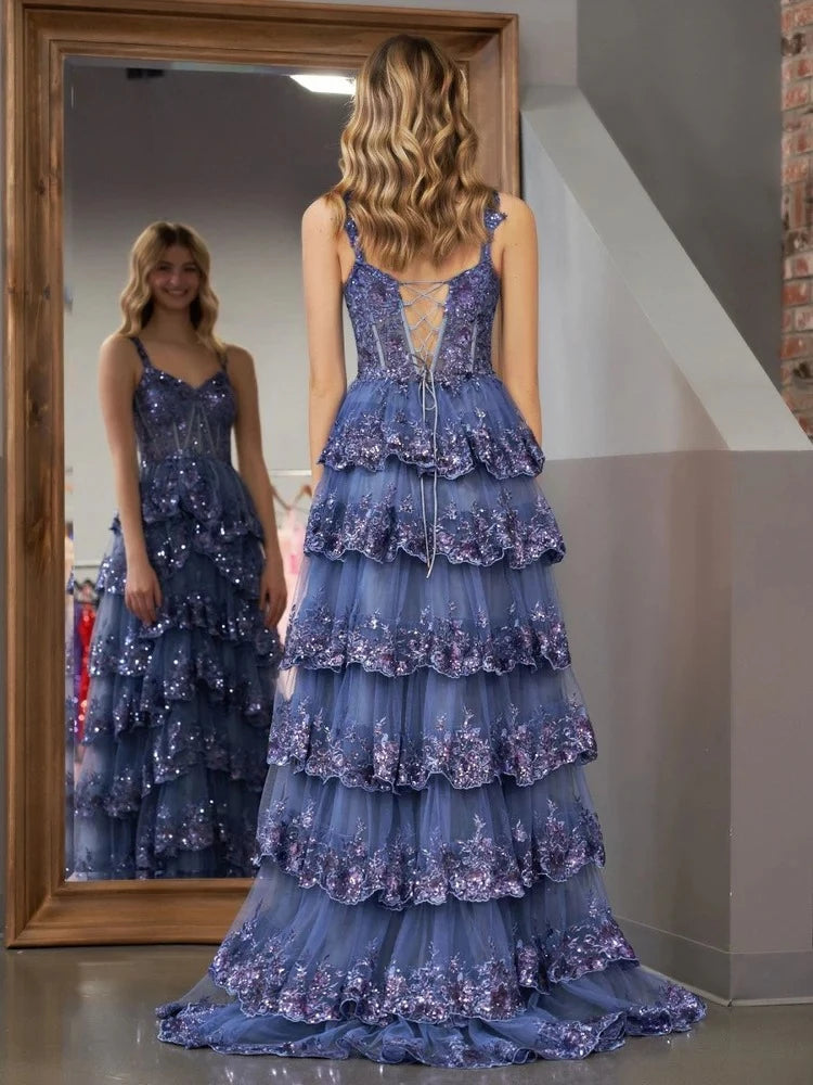 Ethereal Ball-Gown Sweetheart Spaghetti-Strap Lace-Up-Back Ruffled-Hem Floor-Length Prom Dress