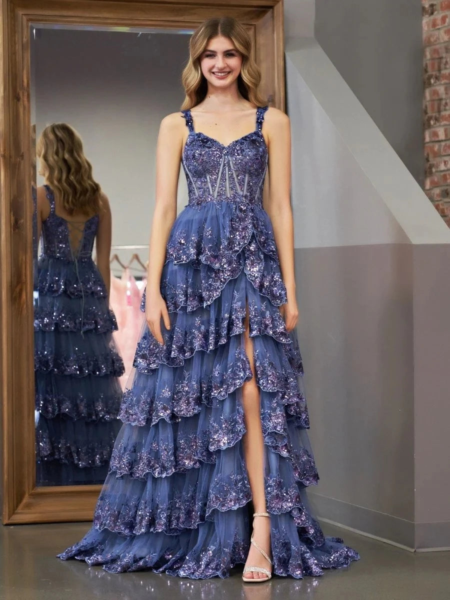 Ethereal Ball-Gown Sweetheart Spaghetti-Strap Lace-Up-Back Ruffled-Hem Floor-Length Prom Dress