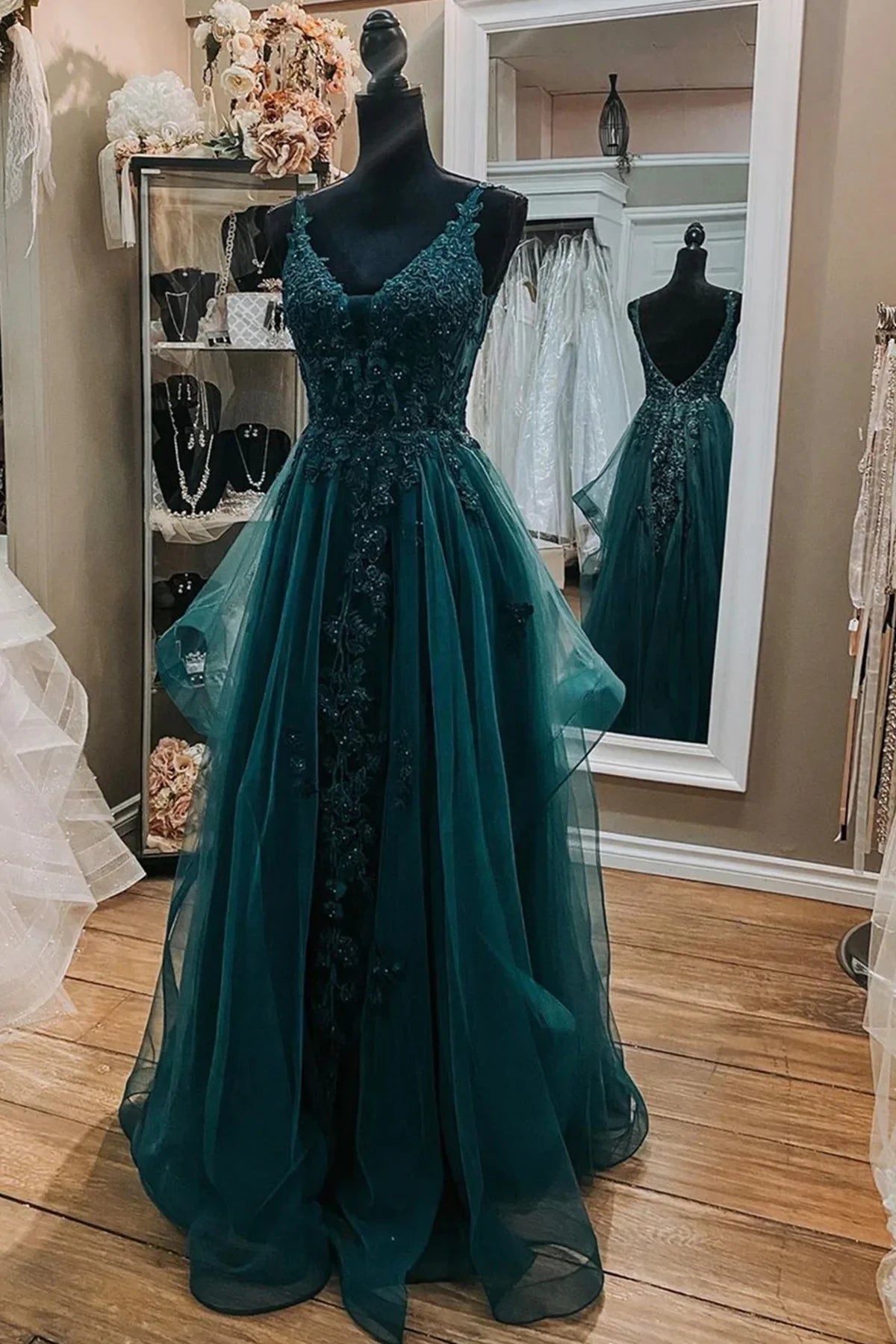 Romantic Ball Gown V Neck Spaghetti Strap Low Back Beaded Floor Length Evening Dress