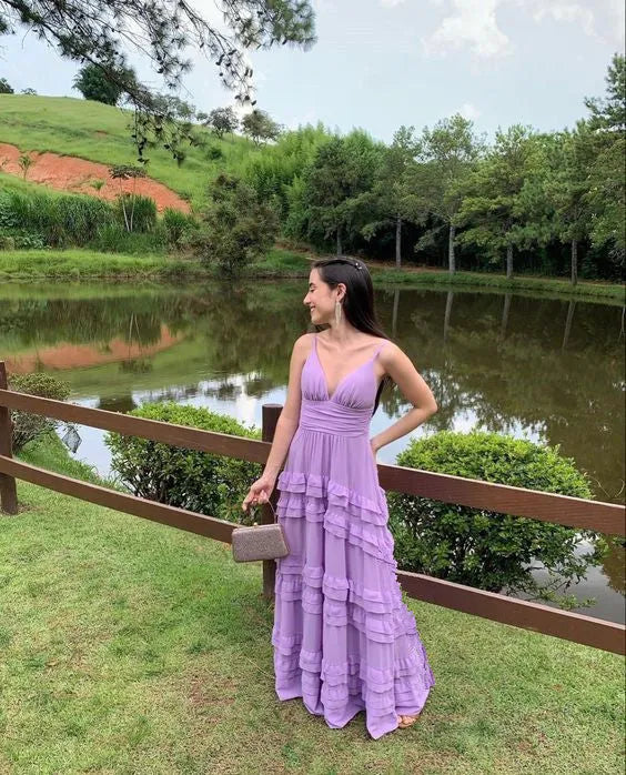 Romantic Deep V Spaghetti Strap Ruched Waist Multi-Tier Ruffle Chiffon Floor-Length Evening Dress