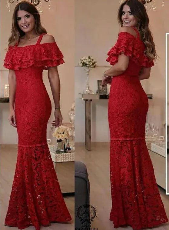 Romantic Mermaid Off-Shoulder Double Ruffle Floral Lace Floor-Length Formal Evening Dress