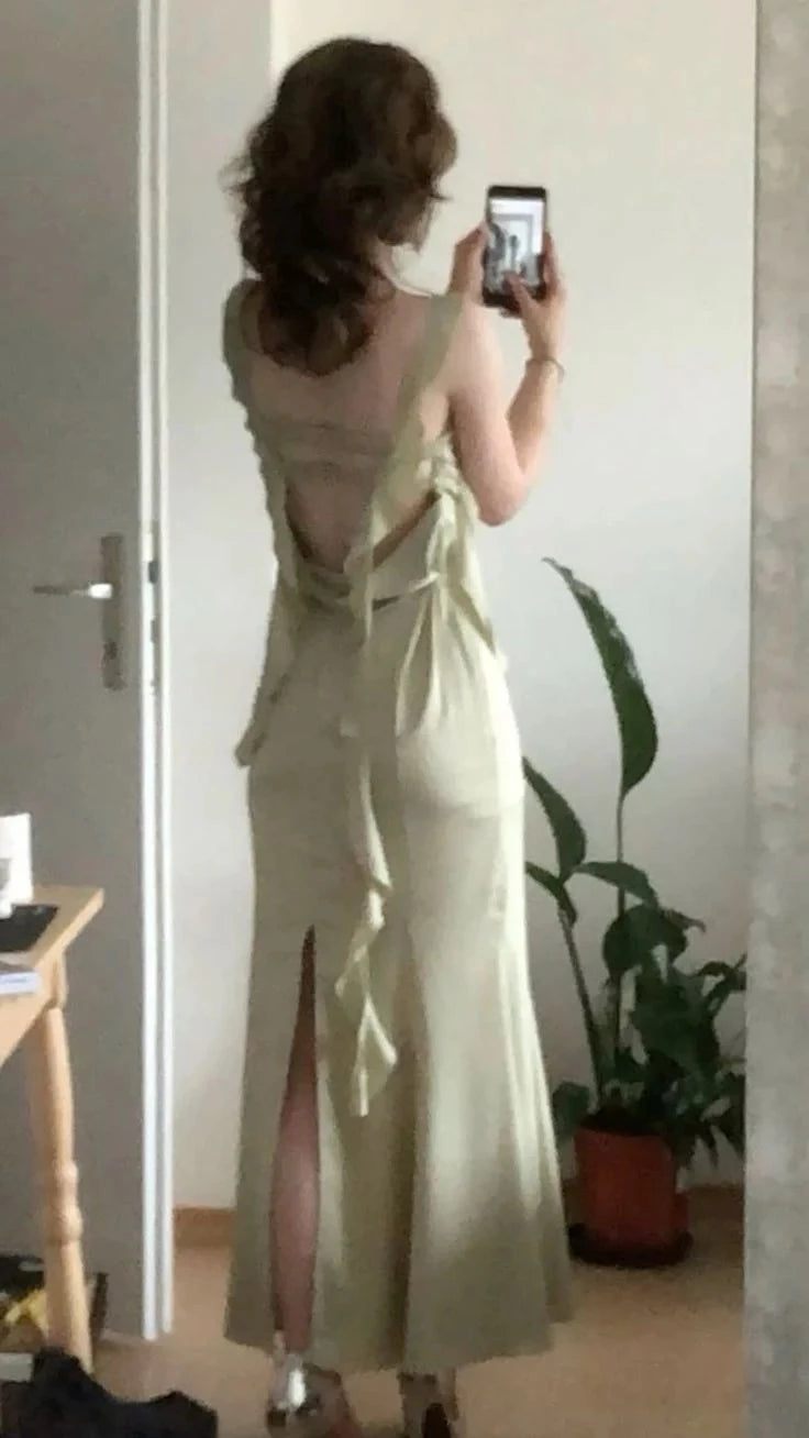 Romantic Mermaid Square-Neck Single-Shoulder Tie-Back Ruffled-Slit Maxi-Length Evening Dress