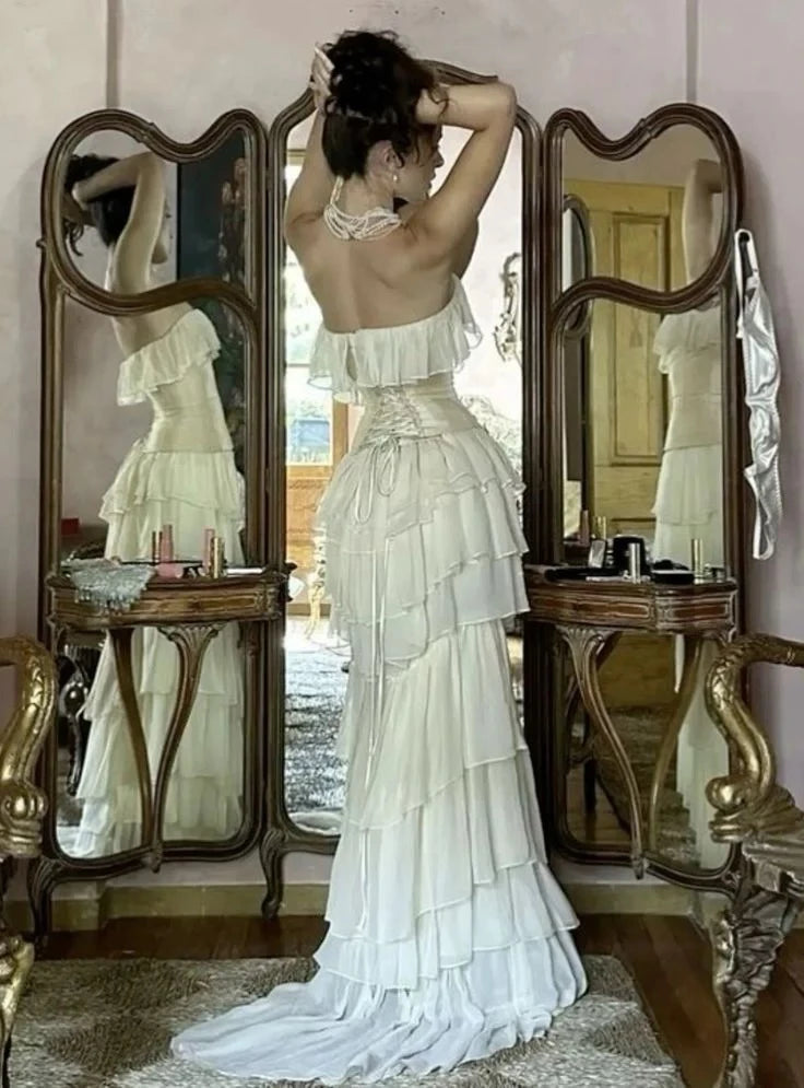 Romantic Mermaid Strapless Neck Sleeveless Corset-Back Tiered Train Evening Dress