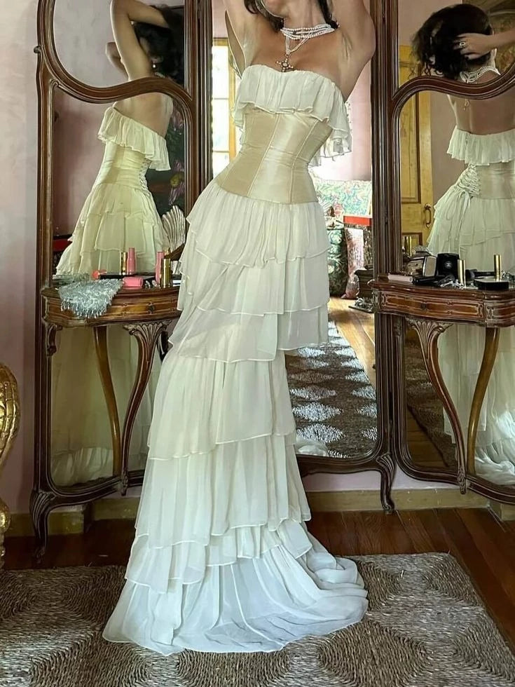 Romantic Mermaid Strapless Neck Sleeveless Corset-Back Tiered Train Evening Dress