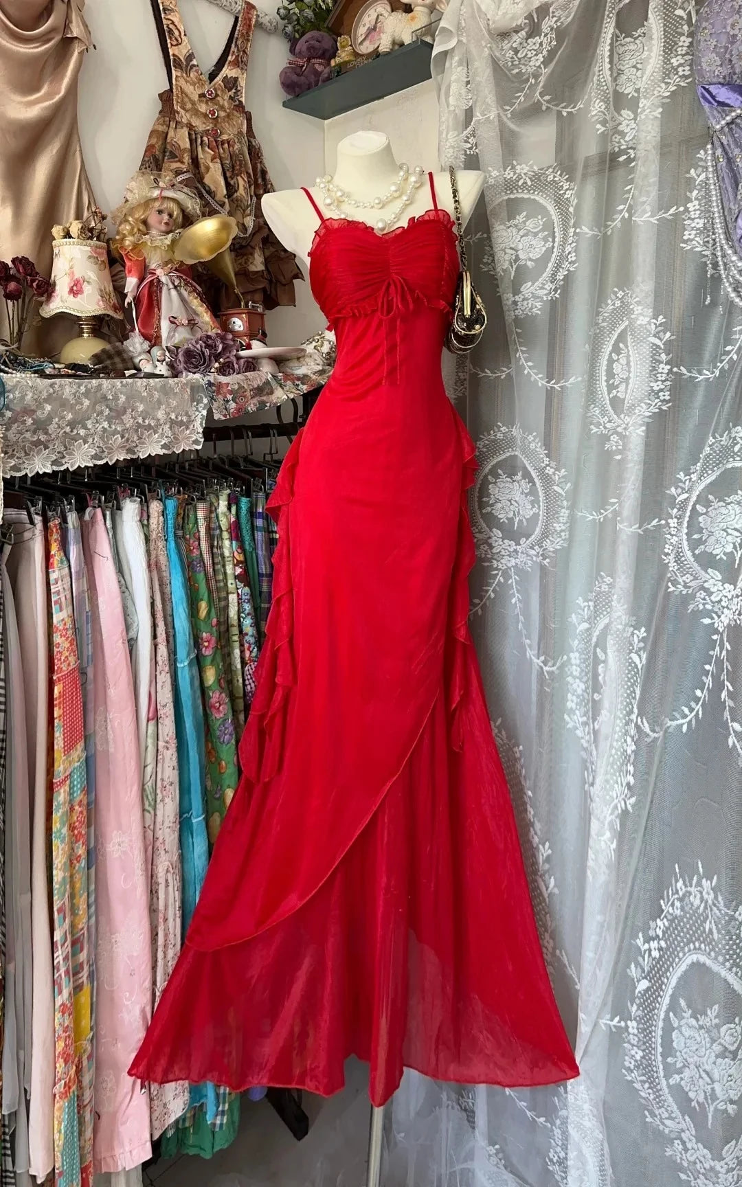 Romantic Mermaid Sweetheart Neck Spaghetti-Strap Open Back Ruffled Chiffon Evening Dress