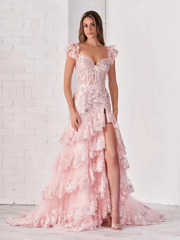 Romantic Mermaid Sweetheart Off-The-Shoulder Short-Sleeve Lace-Up-Back Ruffled-Hem Floor-Length Prom Dress