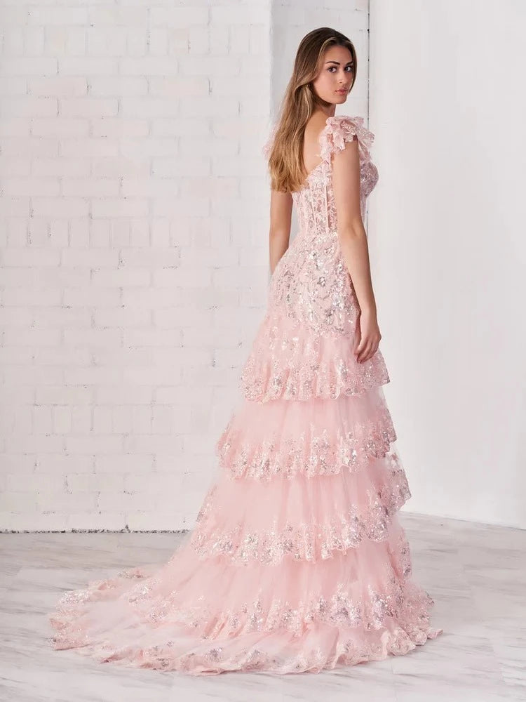 Romantic Mermaid Sweetheart Off-The-Shoulder Short-Sleeve Lace-Up-Back Ruffled-Hem Floor-Length Prom Dress