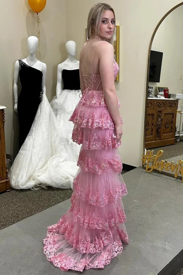 Romantic Mermaid Sweetheart Spaghetti-Strap Lace-Up-Back Ruffled-Hem Floor-Length Prom Dress