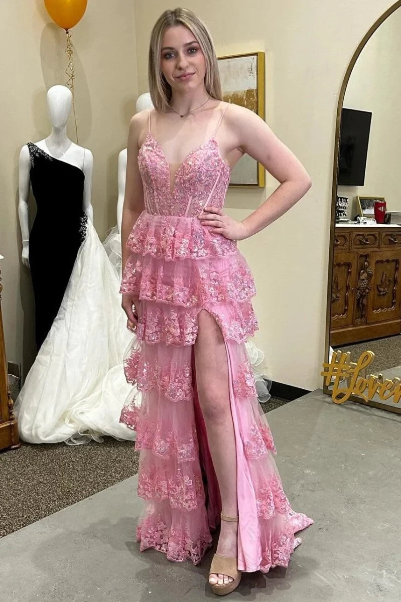 Romantic Mermaid Sweetheart Spaghetti-Strap Lace-Up-Back Ruffled-Hem Floor-Length Prom Dress