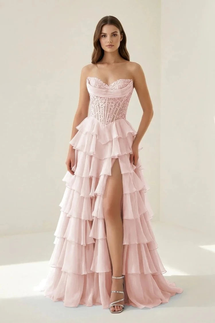 Romantic Mermaid Sweetheart Strapless Lace-Up-Back Ruffled-Hem Floor-Length Prom Dress