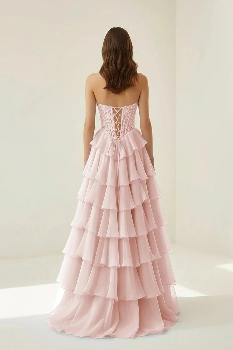 Romantic Mermaid Sweetheart Strapless Lace-Up-Back Ruffled-Hem Floor-Length Prom Dress