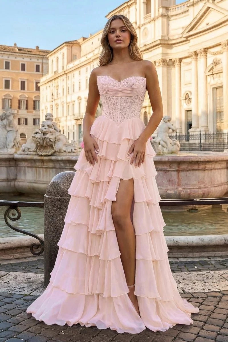 Romantic Mermaid Sweetheart Strapless Lace-Up-Back Ruffled-Hem Floor-Length Prom Dress