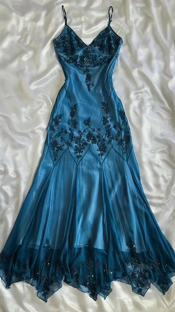 Romantic Mermaid V Neck Spaghetti Strap Open Back Beaded Floor Length Evening Dress
