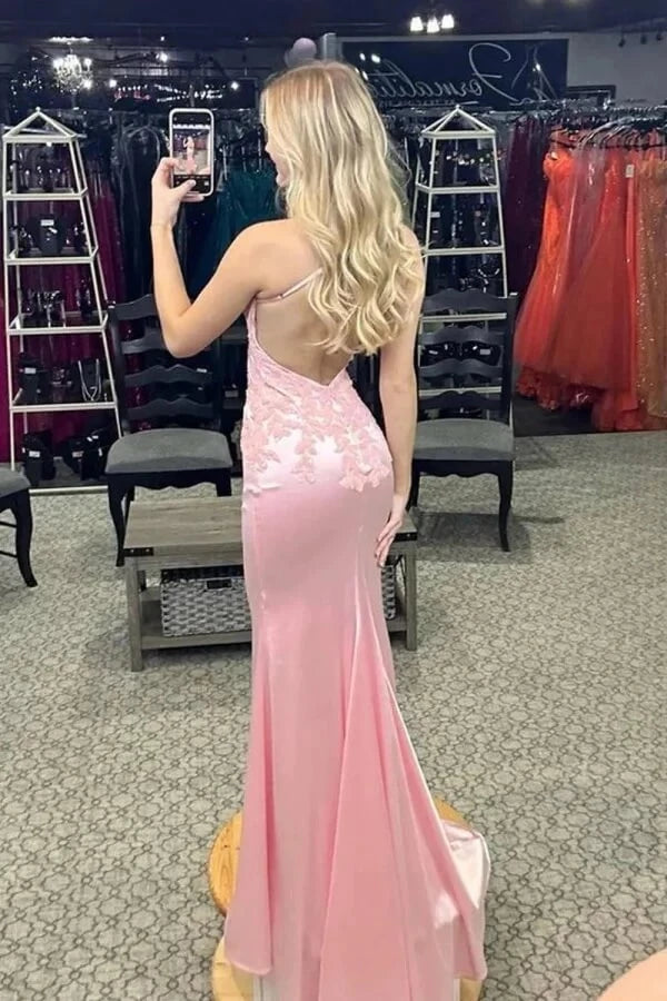 Romantic Mermaid V-Neck Spaghetti-Strap Open Back Lace Satin Prom Dress