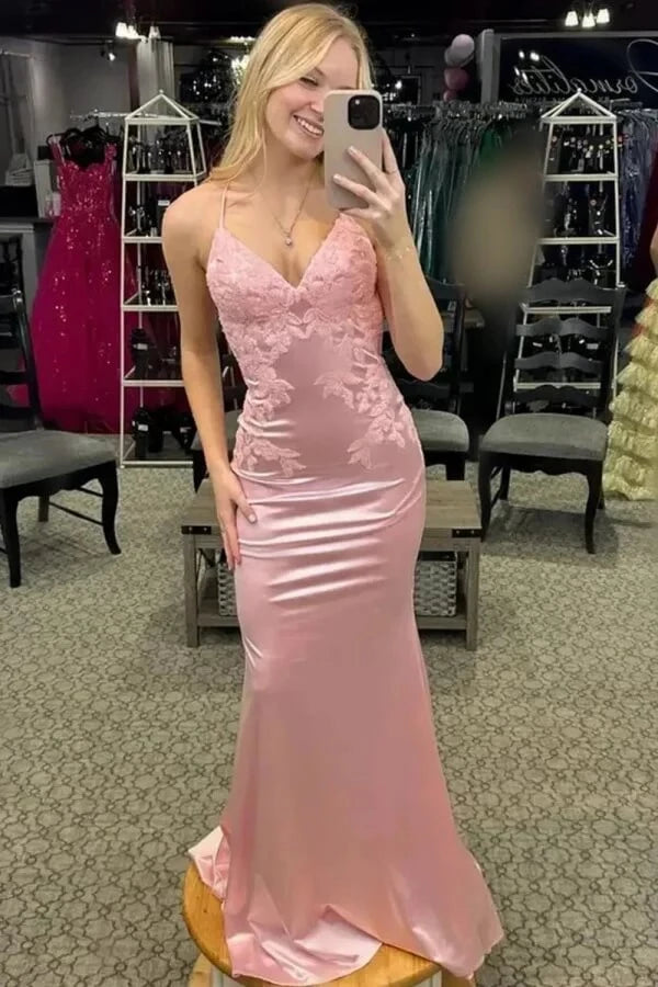 Romantic Mermaid V-Neck Spaghetti-Strap Open Back Lace Satin Prom Dress