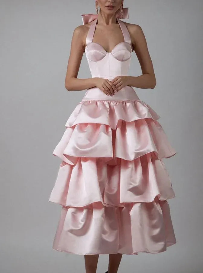 Romantic Midi Halter Bustier Big Bow Multi-Layer Ruffle Satin Formal Evening Dress