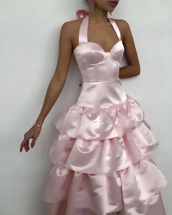 Romantic Midi Halter Bustier Big Bow Multi-Layer Ruffle Satin Formal Evening Dress