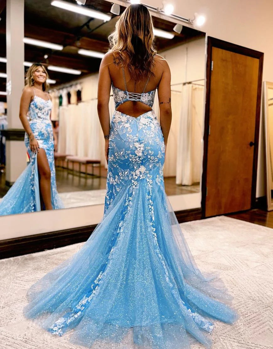 Wholesa Romantic Spaghetti Straps Mermaid Open Back Slit Prom Dress With Appliques