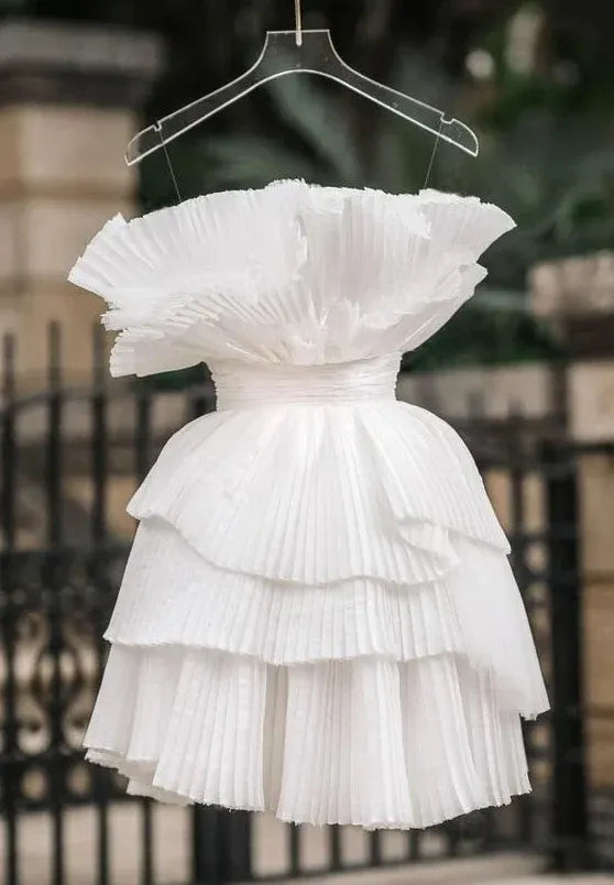 Romantic Strapless Ruffle Tiered Pleated Short White Homecoming Dress