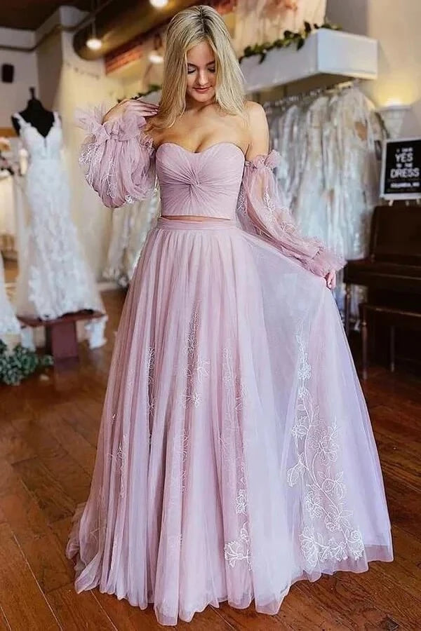 Romantic Two-Piece A-Line Sweetheart Neck Off-The-Shoulder Puffed-Sleeve Floral Lace Tulle Maxi Evening Dress