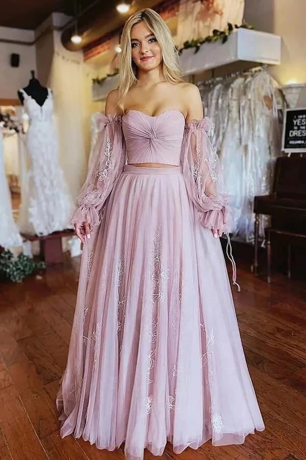 Romantic Two-Piece A-Line Sweetheart Neck Off-The-Shoulder Puffed-Sleeve Floral Lace Tulle Maxi Evening Dress