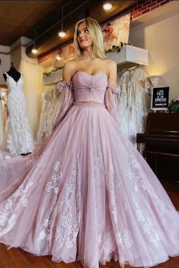 Romantic Two-Piece A-Line Sweetheart Neck Off-The-Shoulder Puffed-Sleeve Floral Lace Tulle Maxi Evening Dress