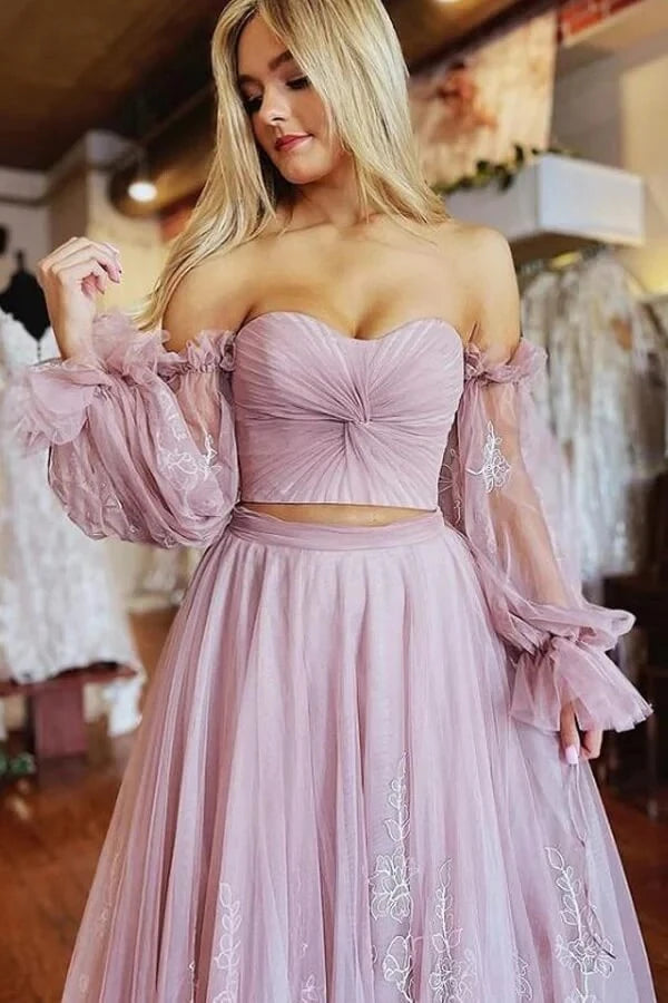 Romantic Two-Piece A-Line Sweetheart Neck Off-The-Shoulder Puffed-Sleeve Floral Lace Tulle Maxi Evening Dress