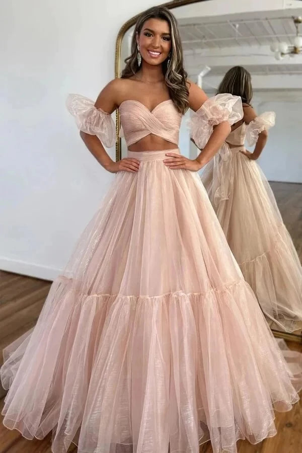 Romantic Two-Piece A-Line Sweetheart Neck Off-The-Shoulder Puffed-Sleeve Tiered Tulle Maxi Evening Dress