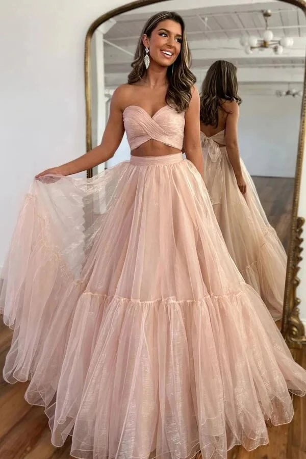Romantic Two-Piece A-Line Sweetheart Neck Off-The-Shoulder Puffed-Sleeve Tiered Tulle Maxi Evening Dress