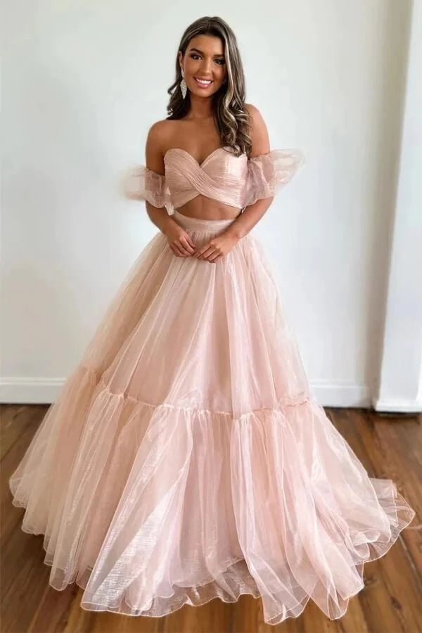 Romantic Two-Piece A-Line Sweetheart Neck Off-The-Shoulder Puffed-Sleeve Tiered Tulle Maxi Evening Dress