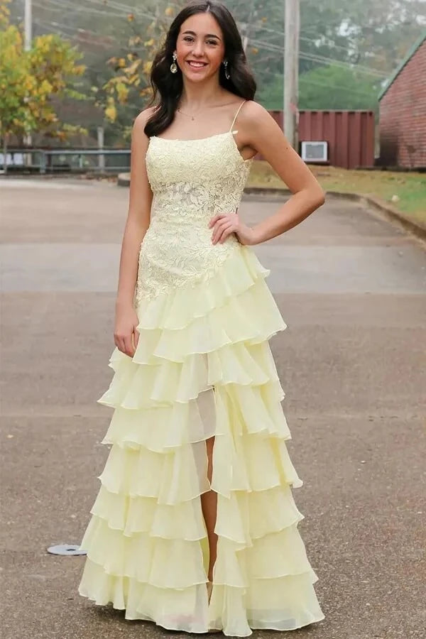 Romantic Two-Piece Trumpet Square Neck Spaghetti-Strap Open Back Tiered Chiffon Prom Dress
