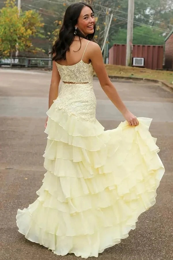 Romantic Two-Piece Trumpet Square Neck Spaghetti-Strap Open Back Tiered Chiffon Prom Dress