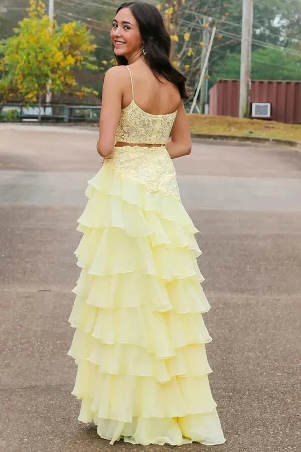 Romantic Two-Piece Trumpet Square Neck Spaghetti-Strap Open Back Tiered Chiffon Prom Dress