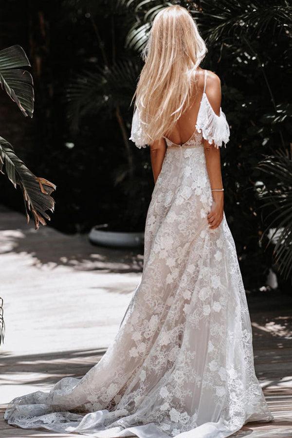 Wholesa Beach Romantic Spaghetti Straps Floral Lace Wedding Dresses