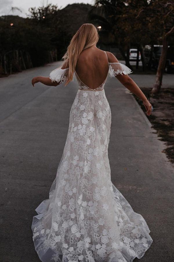 Wholesa Beach Romantic Spaghetti Straps Floral Lace Wedding Dresses