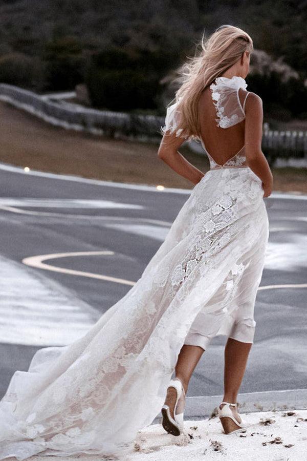 Wholesa Beach Romantic Spaghetti Straps Floral Lace Wedding Dresses
