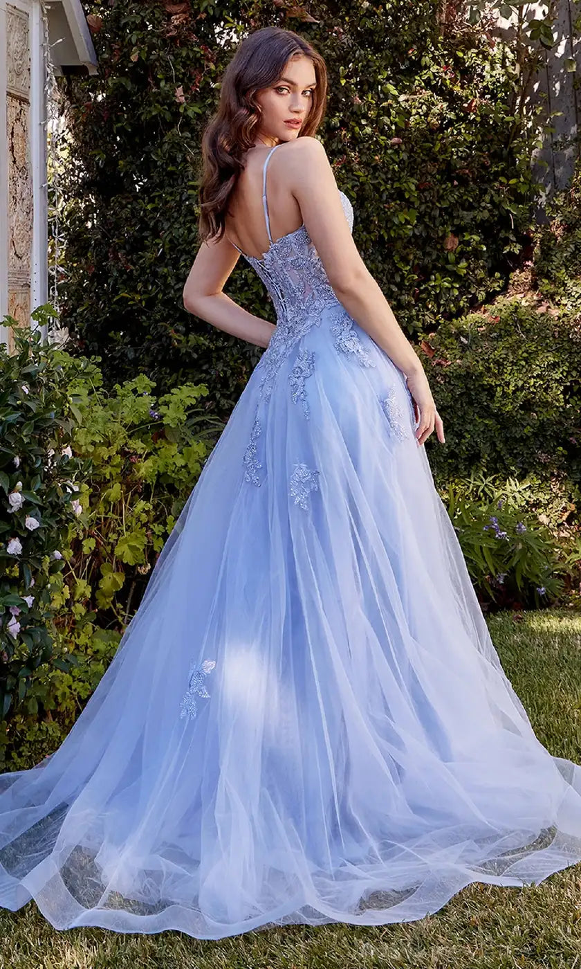 Romantic A-Line Plunging Sleeveless Lace Applique Blue Floor-Length Prom Dresses Women Gown