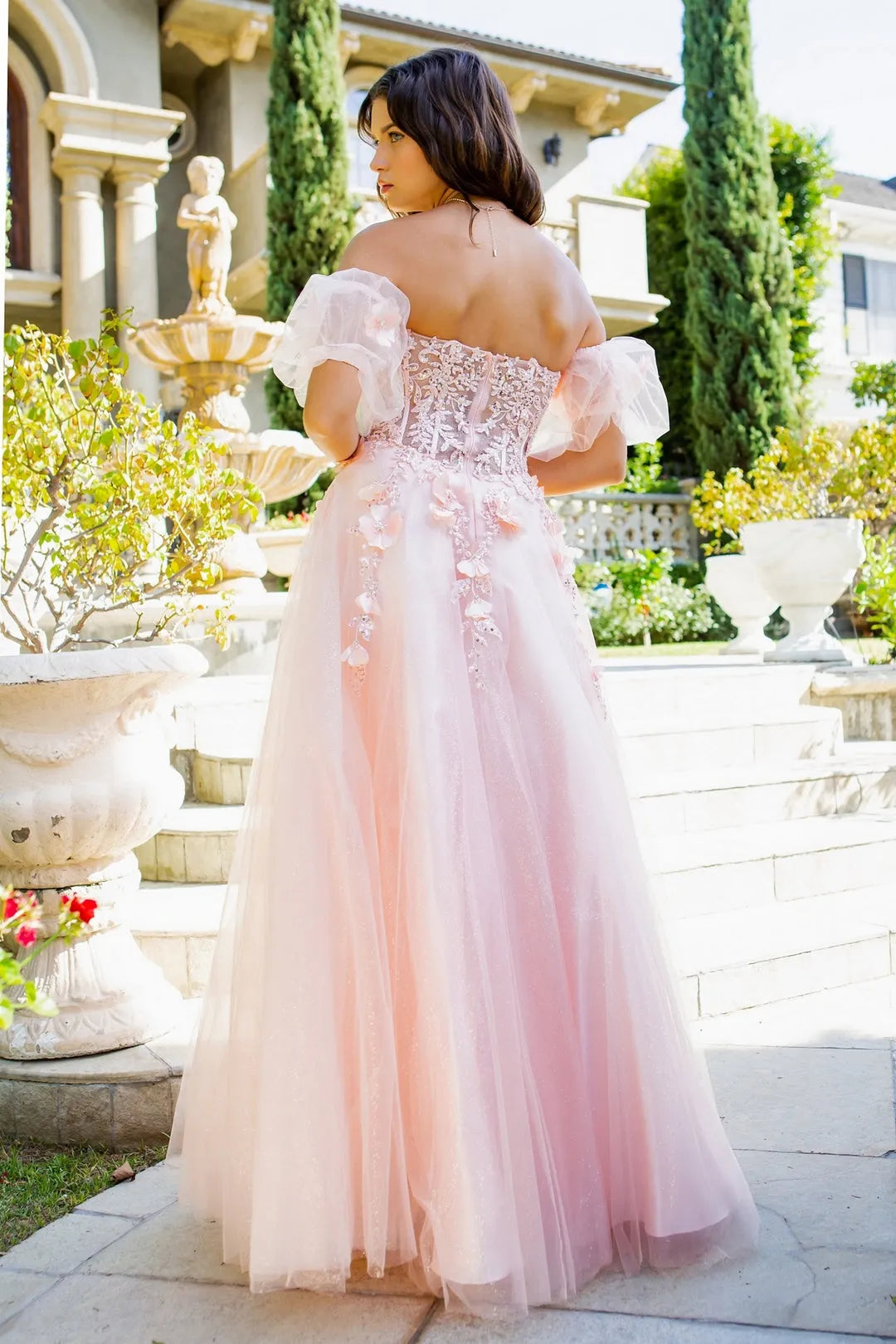 Romantic A-Line Sweetheart Off-Shoulder Floral Corset Pink Long Prom Dresses Women